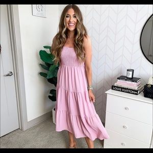 Magnolia Boutique Ruffle Smocked Midi Dress in Dusty Pink